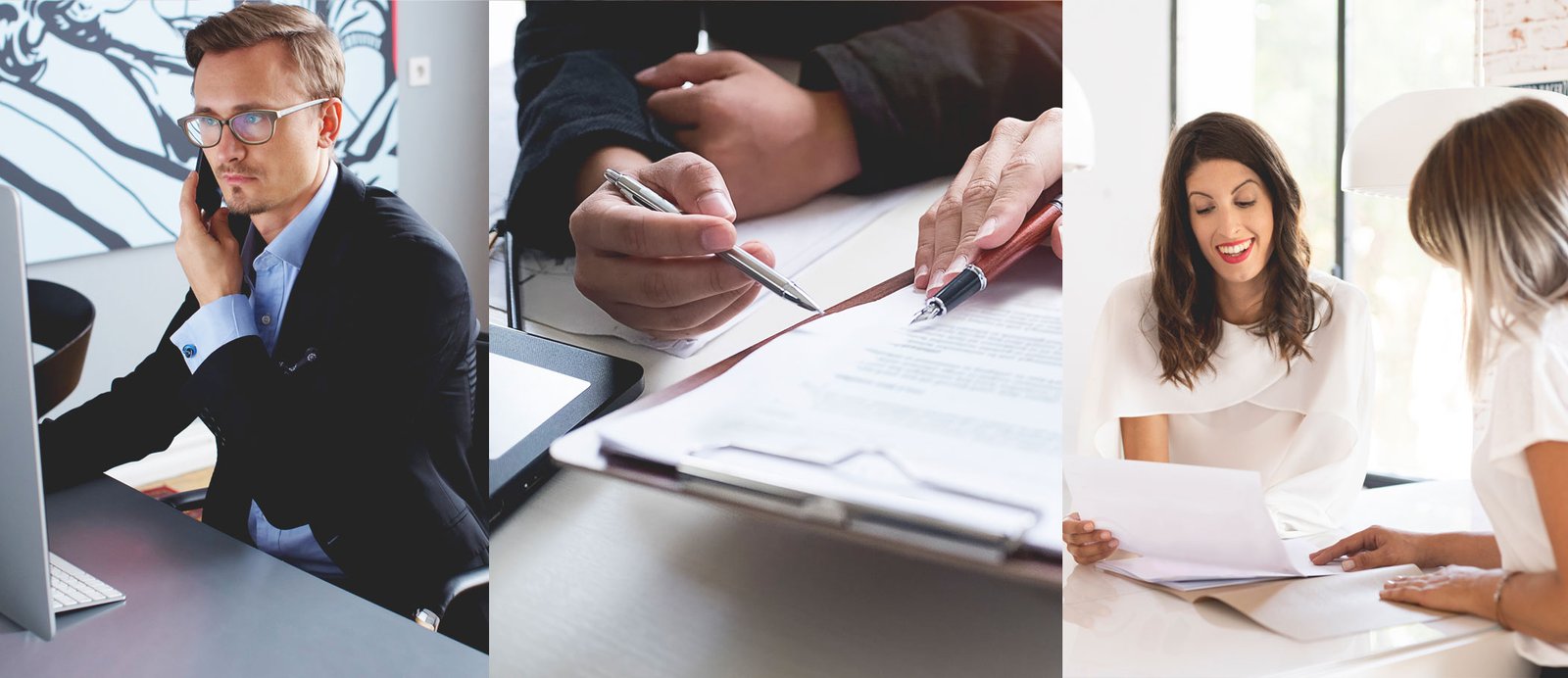 El agente literario selecciona y perfecciona tu manuscrito para venderlo estratégicamente a la editorial ideal y negociar las mejores condiciones contractuales en tu nombre. Tríptico con un agente literario contactando por teléfono con editores, otro analizando las cláusulas de un contrato y otro explicando detalles de un contrato a su representado.