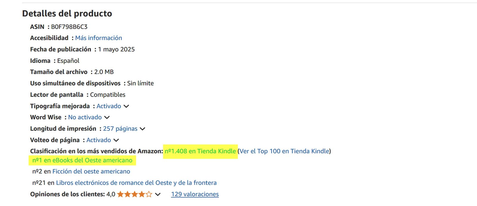 Sección 'Detalles del producto' de un libro en Amazon, mostrando su BSR (Best Sellers Rank) de #1.408 en la Tienda Kindle.