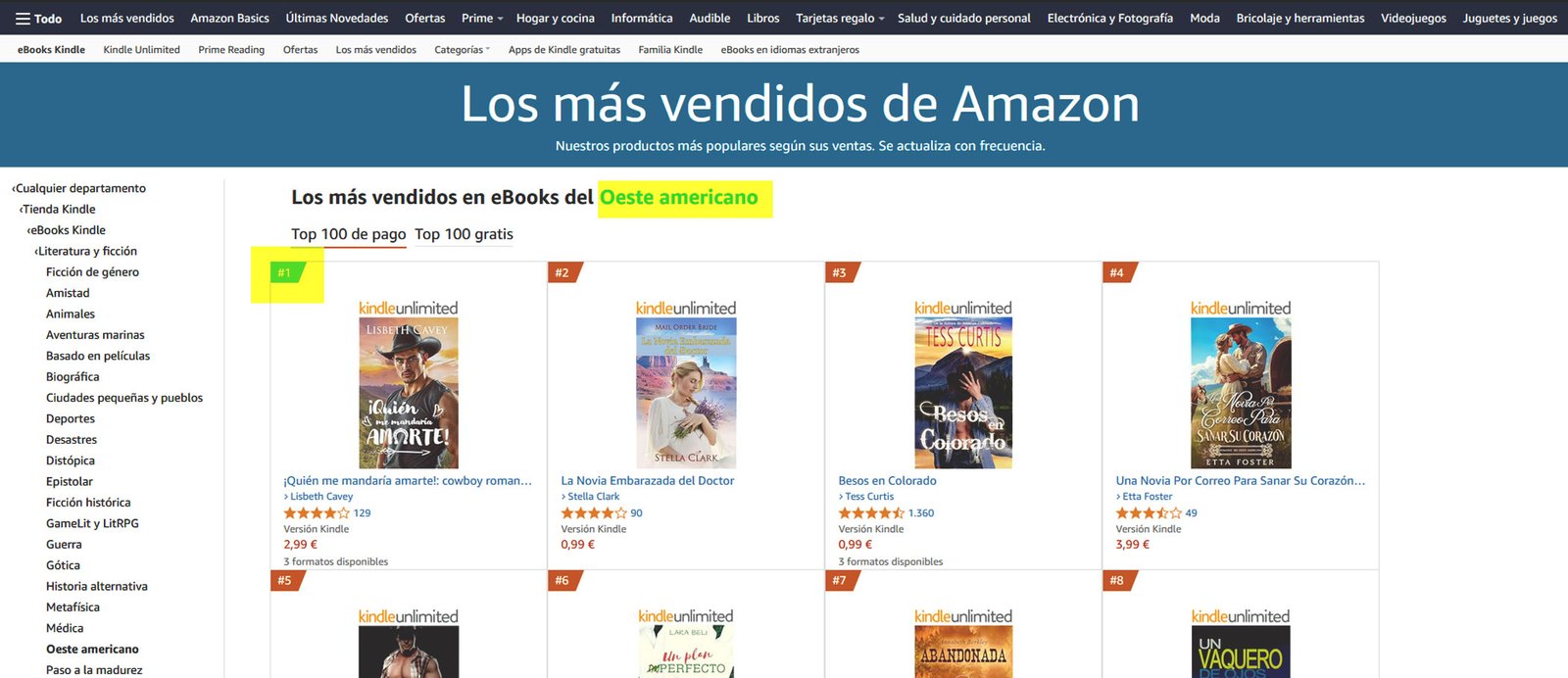 Captura de pantalla de la página de Amazon mostrando la lista de 'Los más vendidos' en la categoría de e-books de 'Oeste americano'.