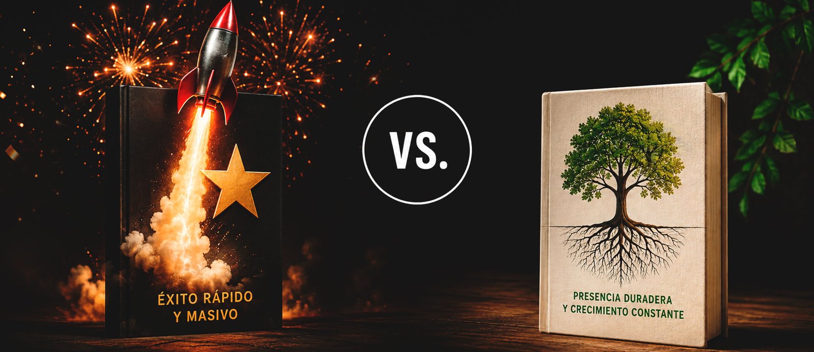 Dos libros, uno con un cohete y otro con un árbol con una buena raíz, simbolizando los conceptos de bestseller y longseller.