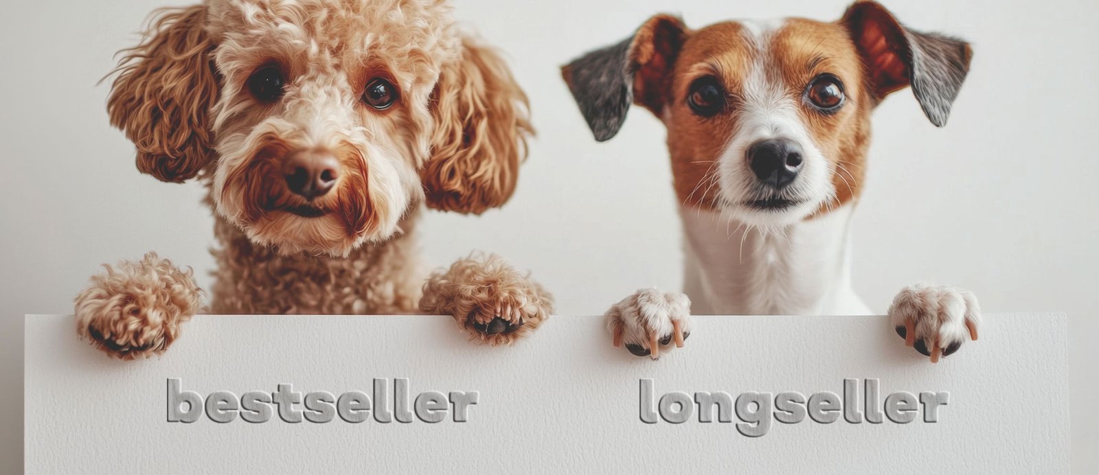  Mujer y hombre sosteniendo un cartel que compara los conceptos de bestseller y longseller.