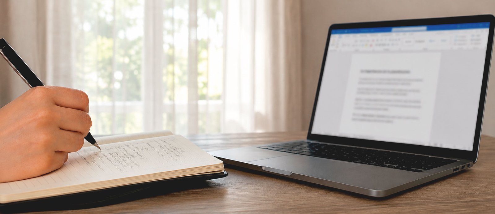 El cuaderno de bitácora: tu zona de pruebas técnica para asegurar la coherencia de la obra. Primer plano de una mano escribiendo en un cuaderno de bitácora junto a un ordenador portátil, representando el laboratorio de ideas donde el autor captura estímulos y resuelve dudas estructurales.