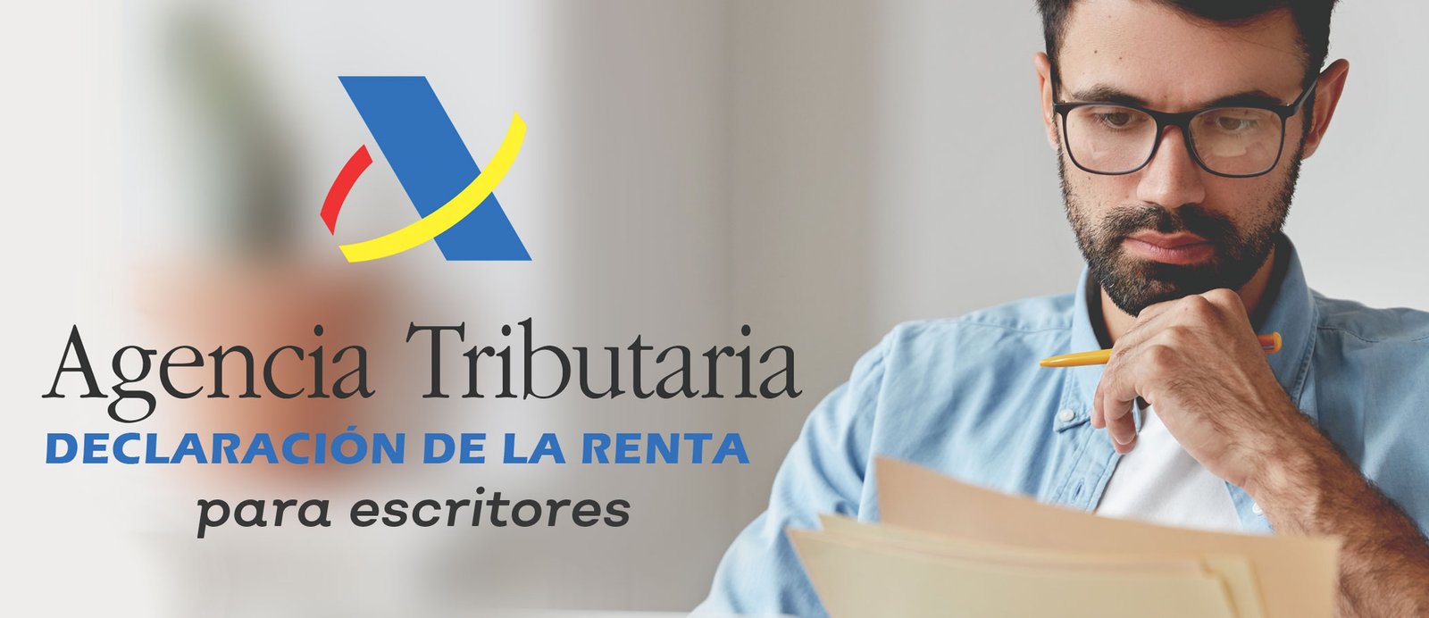 ¿La alegría de cobrar se convierte en miedo a Hacienda? Entender tus obligaciones te devolverá la tranquilidad. Un escritor con gesto preocupado revisa sus papeles y facturas frente al logo de la Agencia Tributaria.