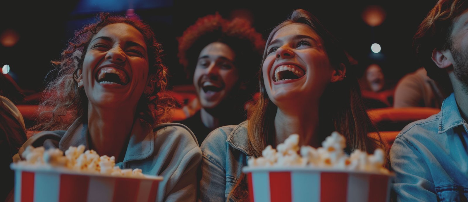 Primer plano de unas chicas riéndose ante la pantalla de cine mientras sostienen un bol de palomitas