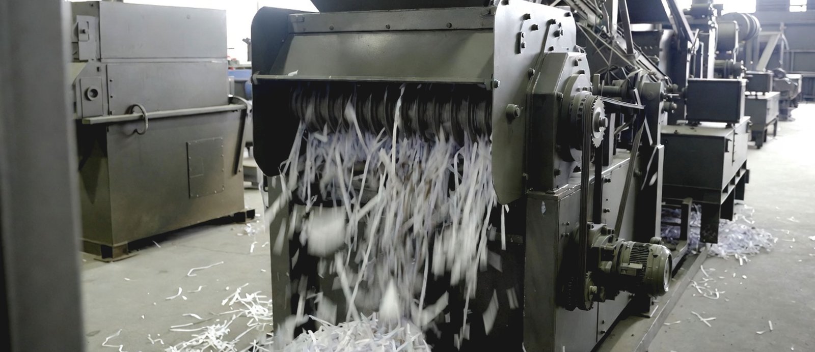 Máquina trituradora industrial destruyendo ejemplares de libros descatalogados para convertirlos en pasta de papel y liberar espacio en el almacén.