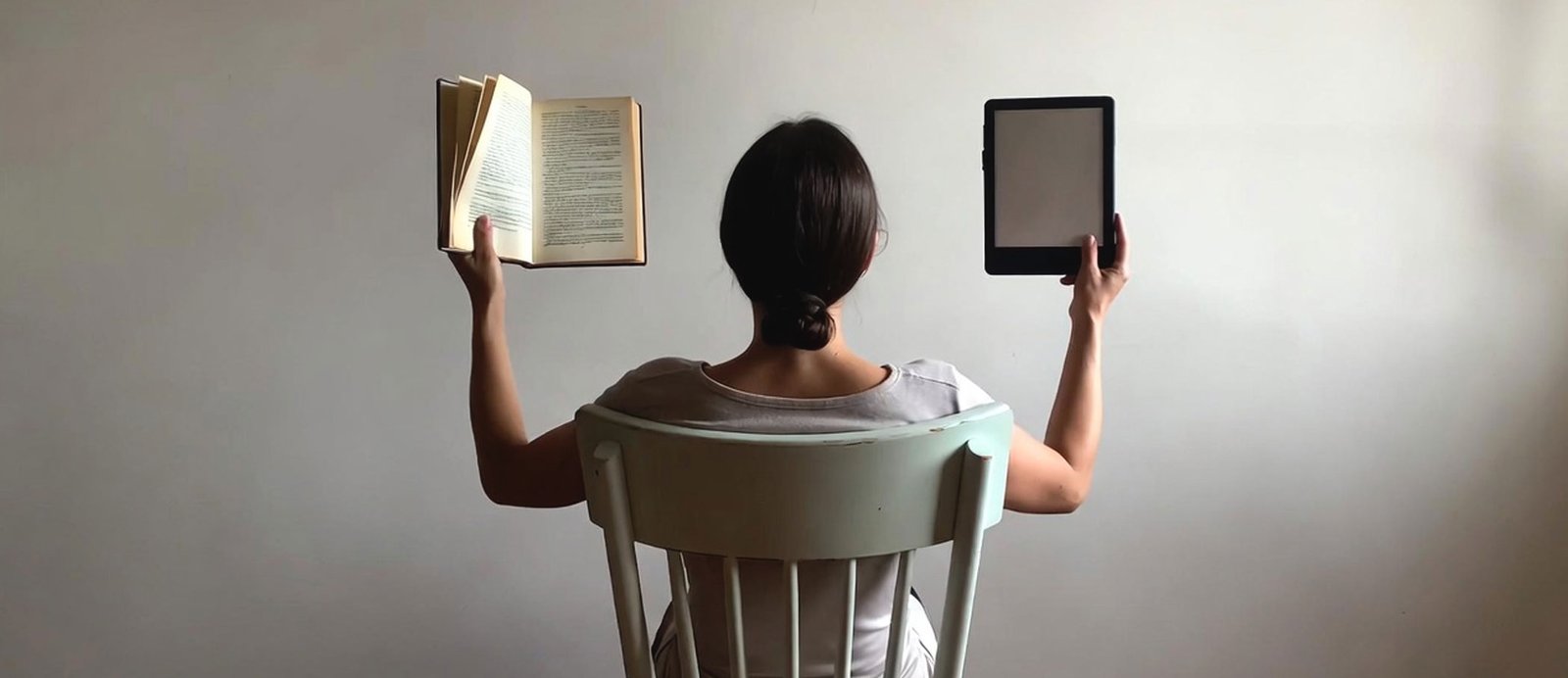 Imagen de una mujer con un e-reader en una mano y un libro en papel en la otra.