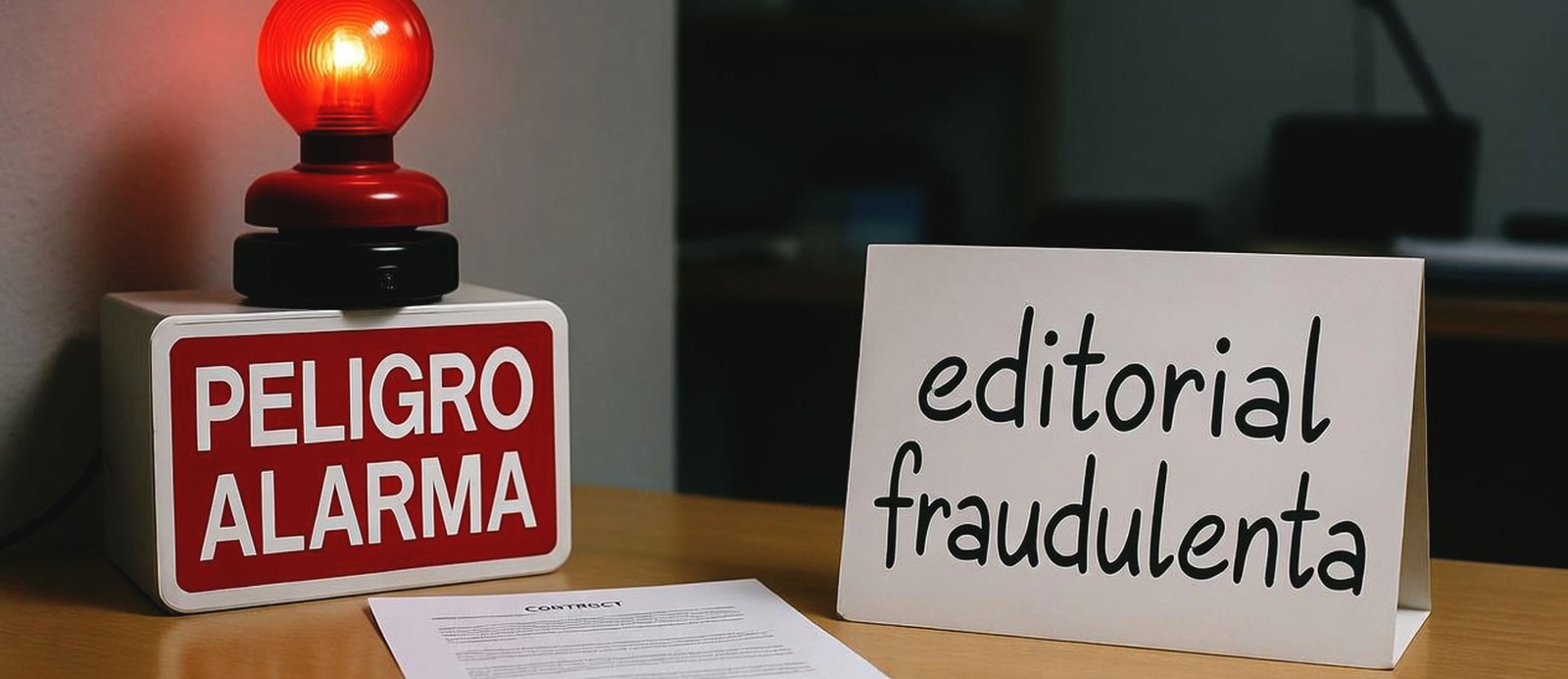 Ilustración de un contrato de edición con una alarma de peligro y un cartel de 'editorial fraudulenta', alertando sobre cláusulas abusivas.
