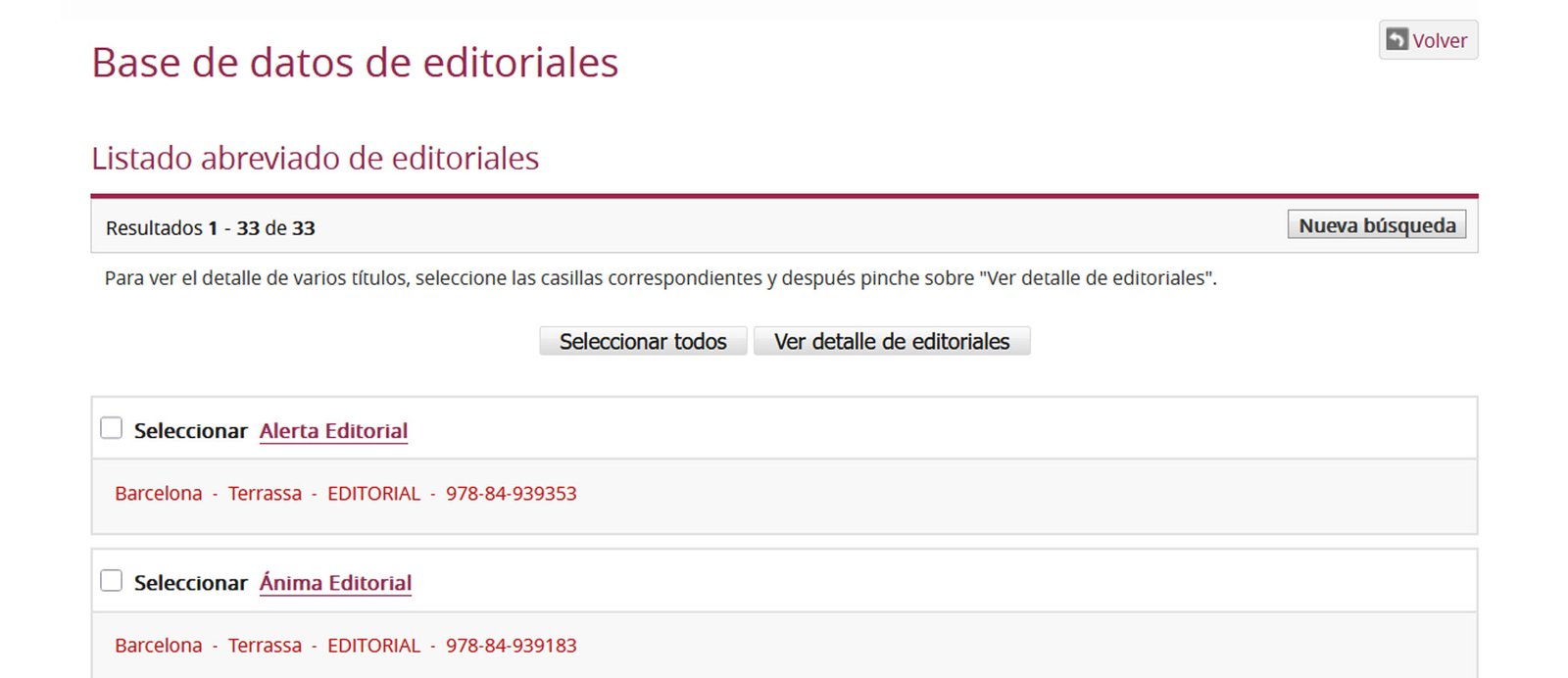 Listado de resultados de editoriales en Terrassa obtenidos en la base de datos del Ministerio de Cultura.