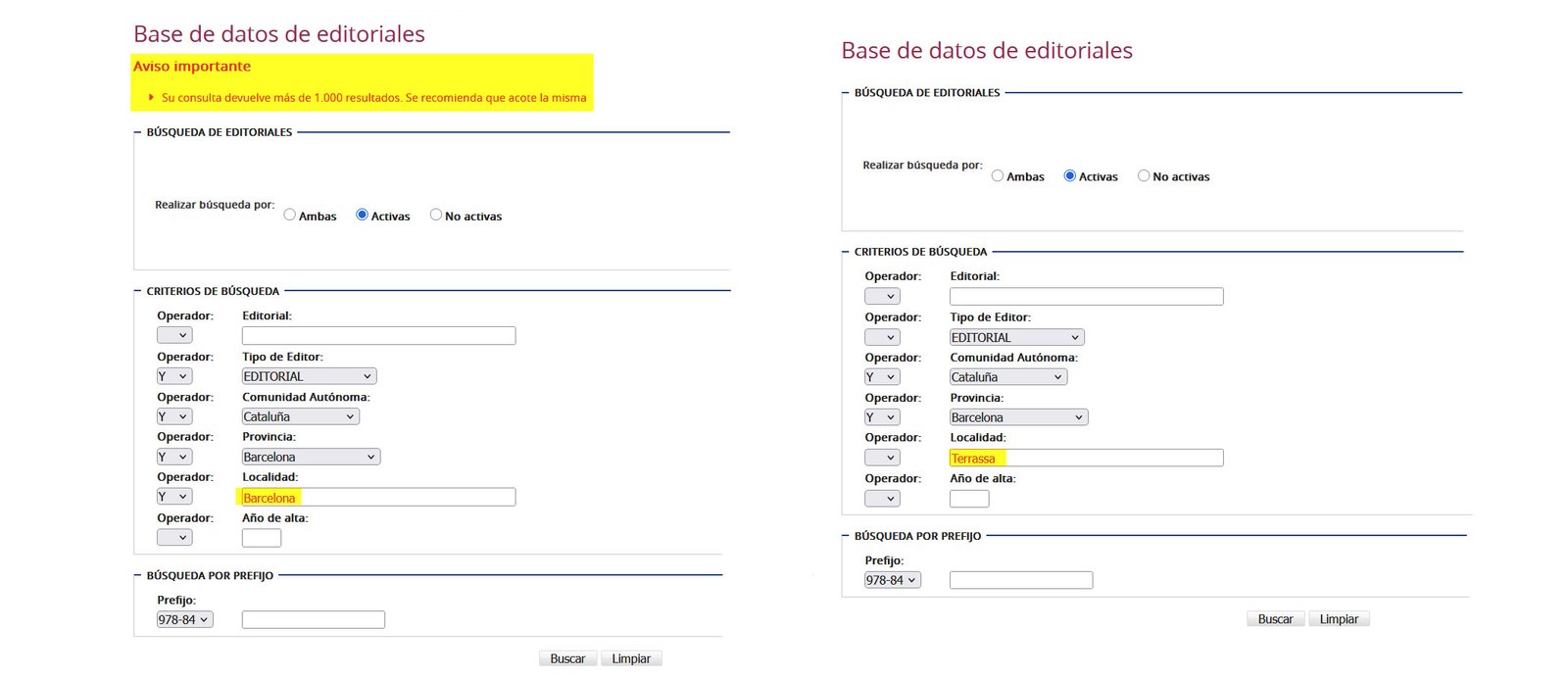 Formulario de criterios de búsqueda de editoriales del Ministerio de Cultura: filtros por actividad, tipo de editor y localización.