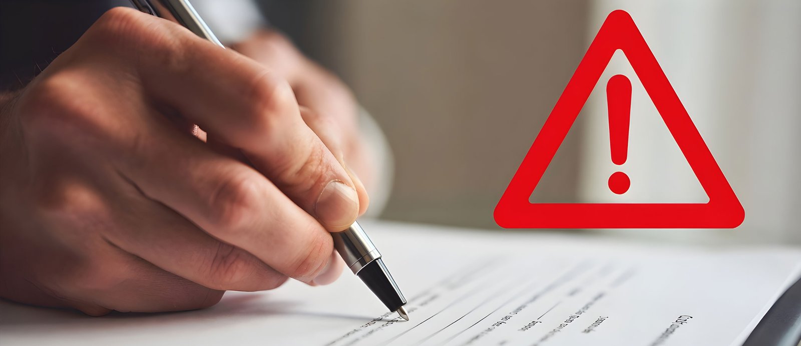 Contrato de edición con una señal de advertencia triangular encima, simbolizando el peligro de las cláusulas abusivas y las editoriales fraudulentas.