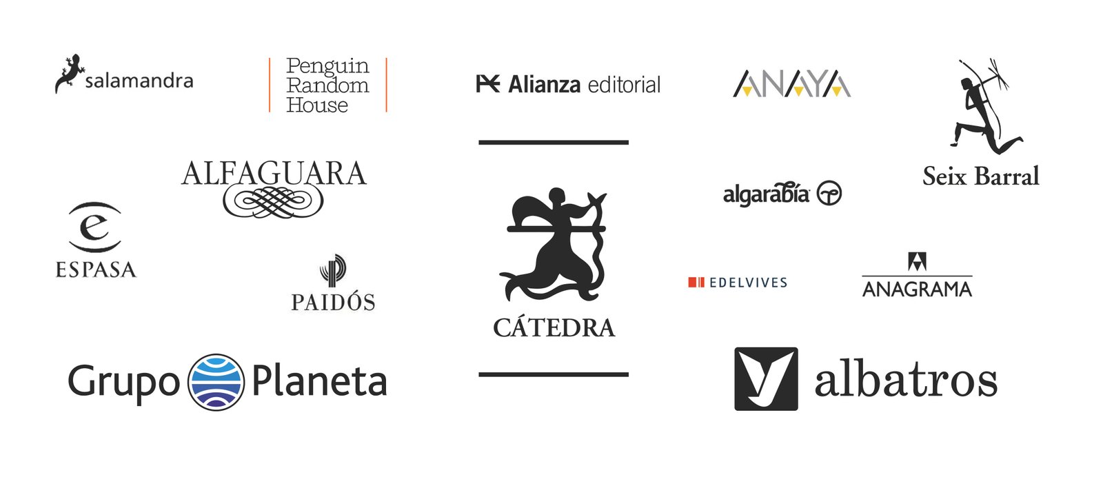 Collage de logotipos de diversas editoriales españolas y latinoamericanas, representando la importancia de investigar el catálogo editorial antes de enviar un manuscrito.