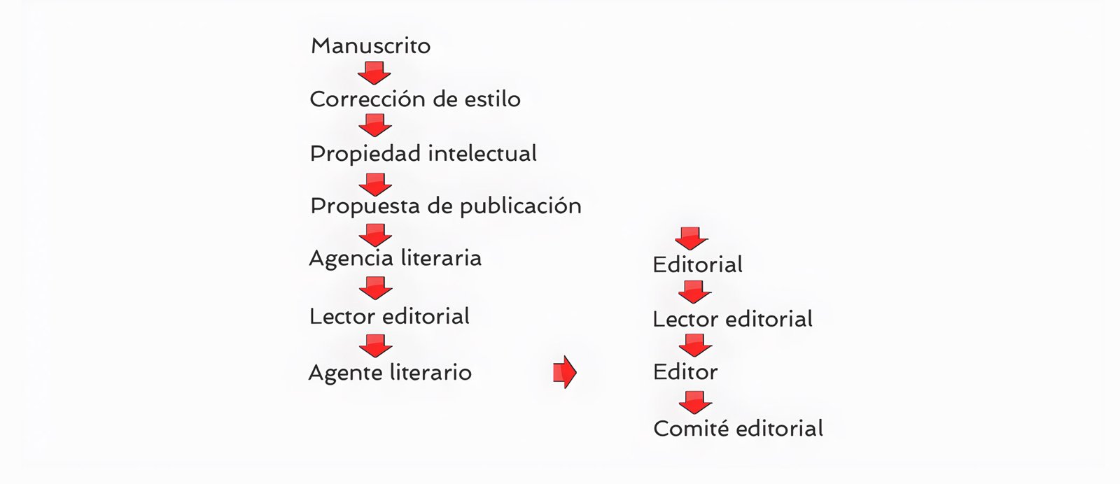 Infografía que compara el camino de un manuscrito hasta la publicación, mostrando el proceso a través de una editorial frente al proceso con un agente literario.