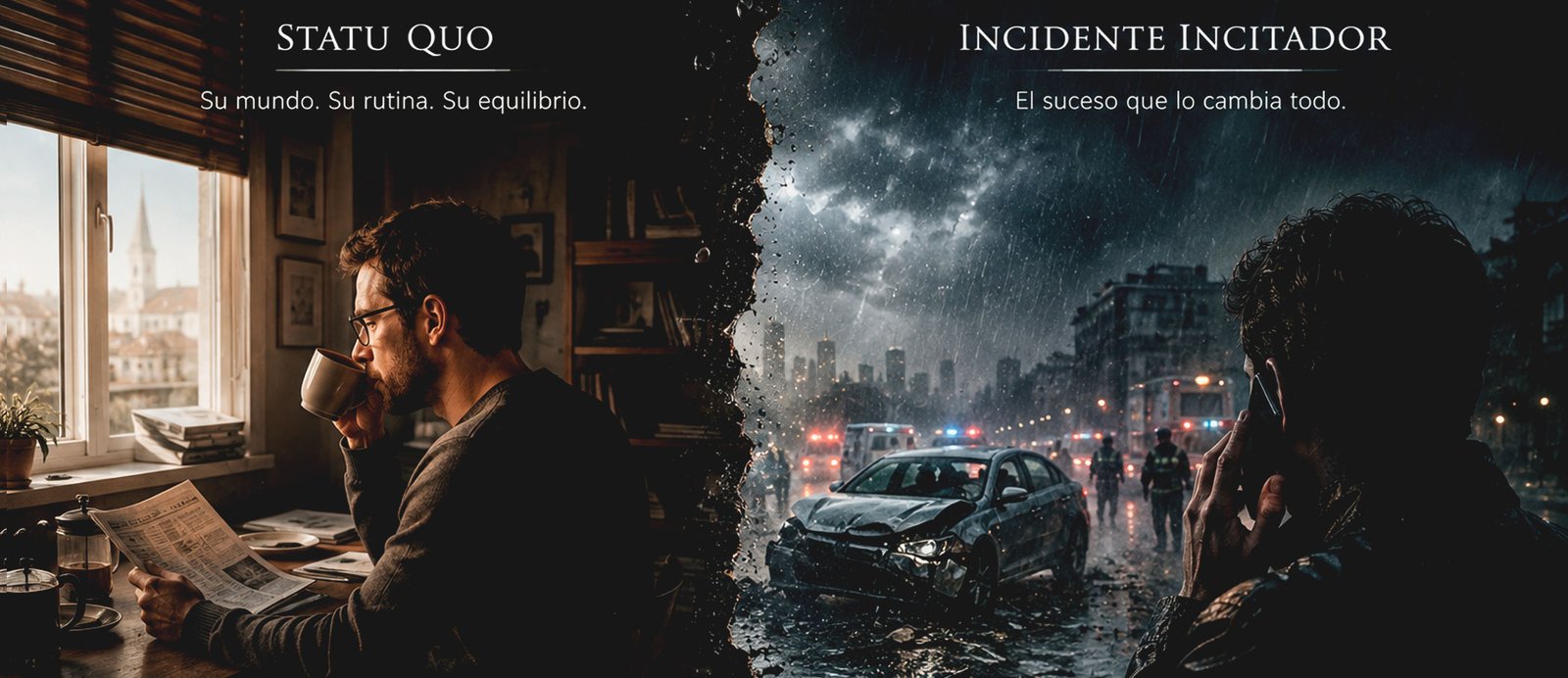 Infografía comparativa de la arquitectura narrativa: a la izquierda, el 'STATU QUO' representado por un hombre desayunando en calma; a la derecha, el 'INCIDENTE INCITADOR' mostrado como un accidente de coche bajo la lluvia rompe el equilibrio inicial.