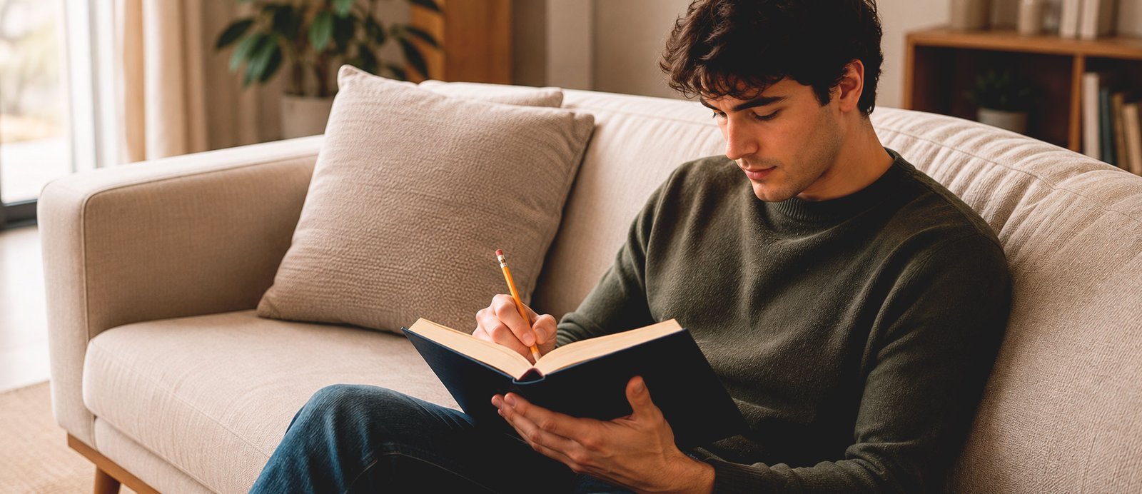 Aprende a leer como un escritor: el arte de la ingeniería inversa. Un joven sentado en un sofá beige, concentrado mientras escribe y analiza una obra en un cuaderno azul con un lápiz, representando el proceso de disección literaria.