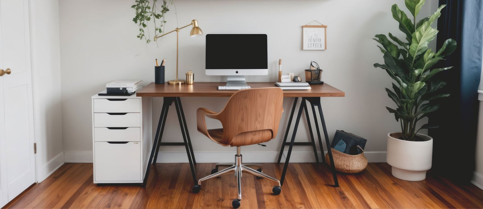 Diseña tu arquitectura de productividad: el espacio que mima tu cerebro para escribir con rigor. Escritorio de madera minimalista y ordenado con una silla ergonómica, un ordenador y una lámpara de luz cálida a la izquierda, representando un entorno diseñado para evitar la fricción cognitiva.