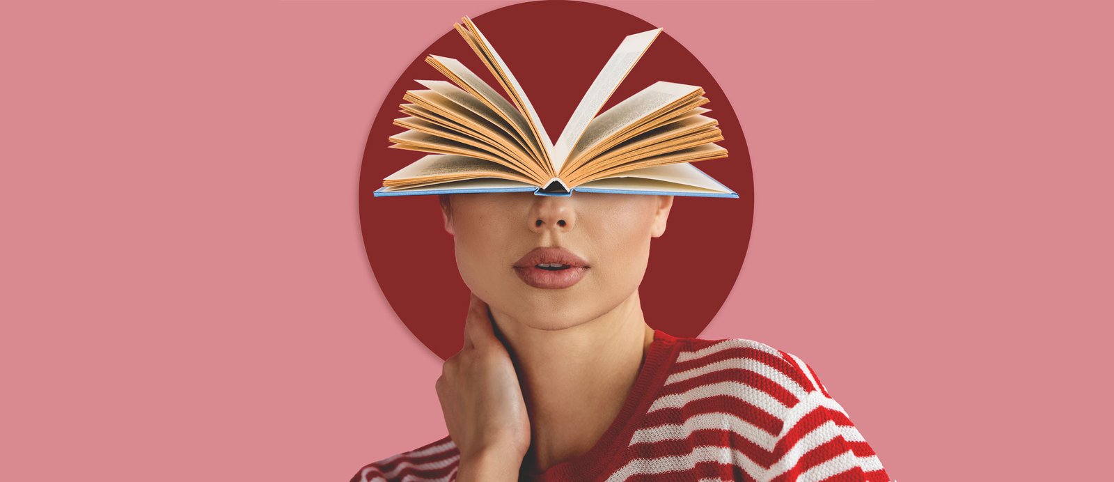 Como escritor, es fundamental que domines la anatomía de un libro. Ilustración de una escritora con un libro abierto en la cabeza, simbolizando la importancia de conocer la estructura de un libro.