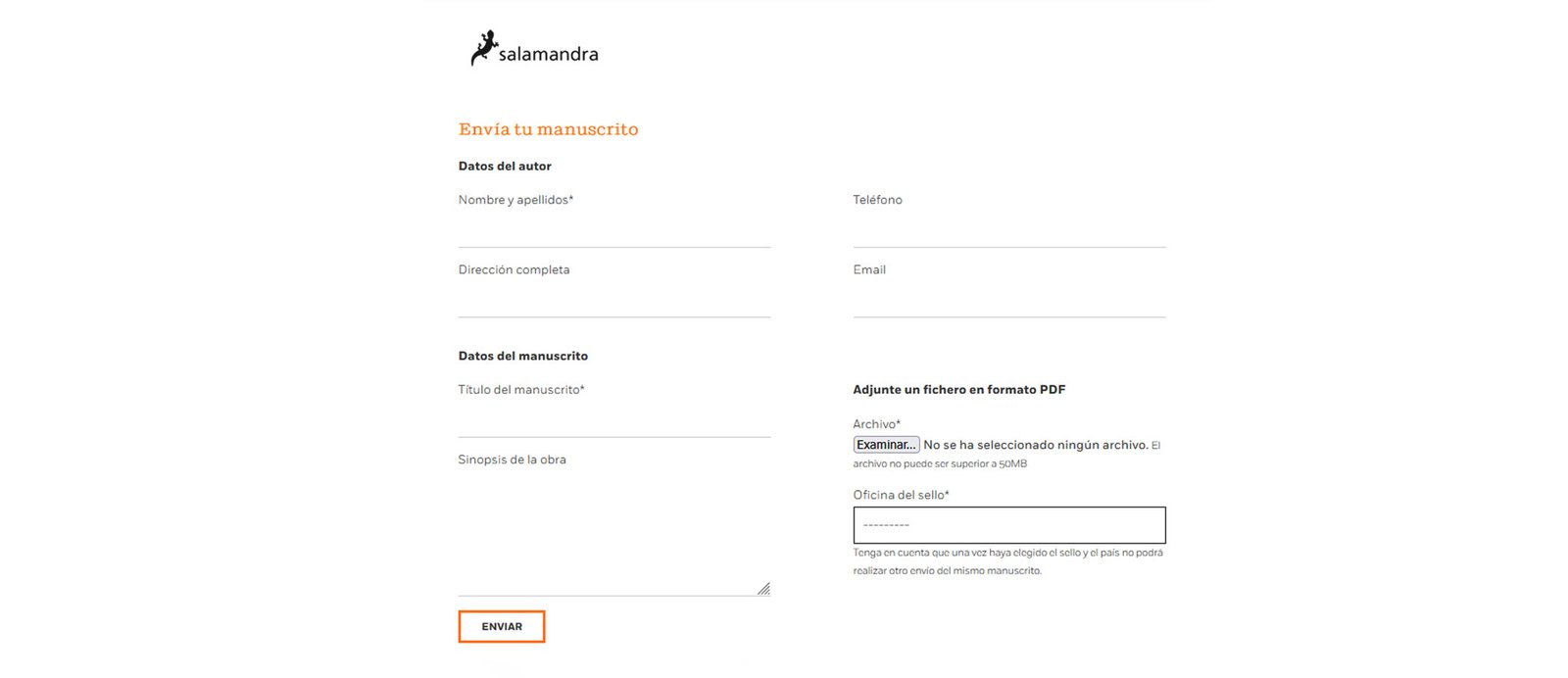 Captura del formulario oficial para enviar manuscritos a Penguin Random House: para seleccionar el sello y adjuntar el archivo.