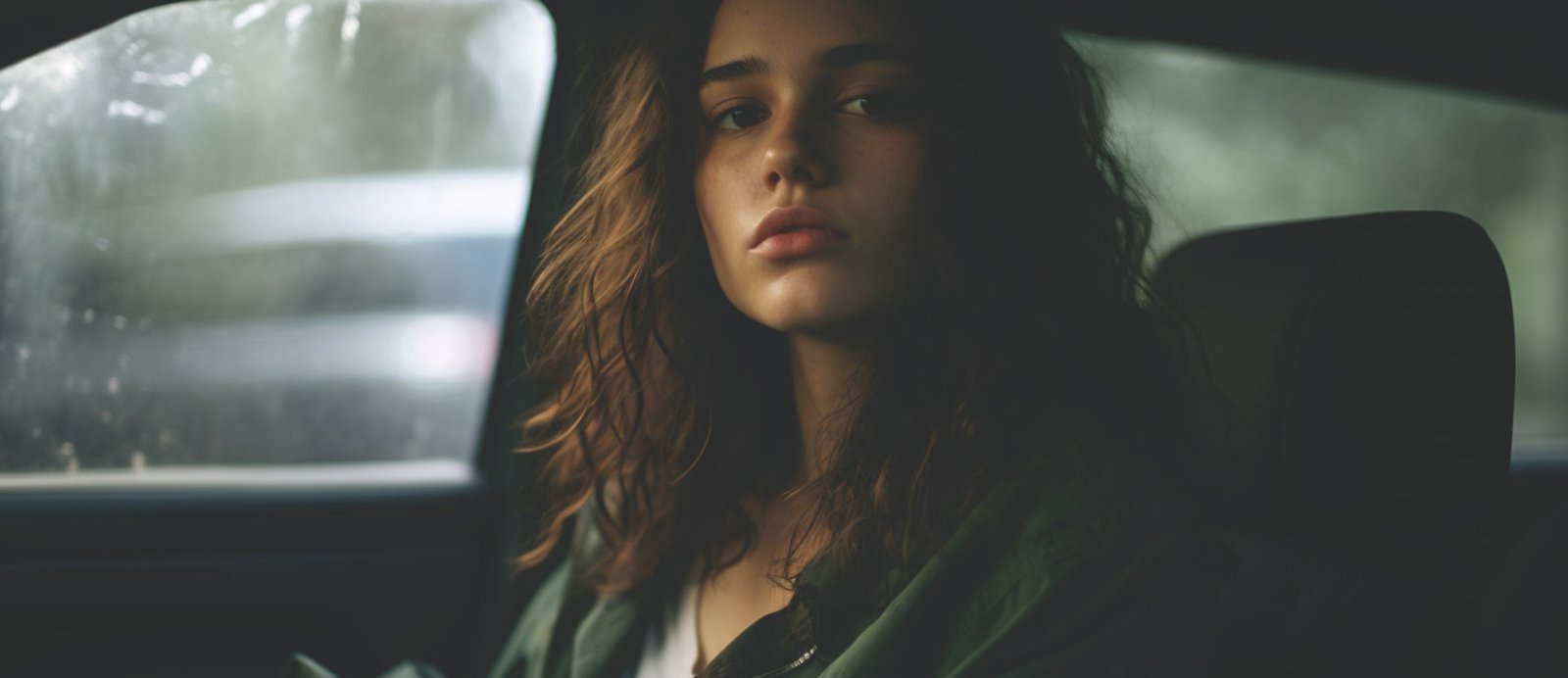 Cómo describir personajes sin caer en el infodump: mostrar emociones en lugar de listarlas. Retrato cinematográfico de una joven con cabello rizado y expresión pensativa en el interior de un coche, ilustrando el peligro de caracterizar a un personaje recorriendo al infodump.