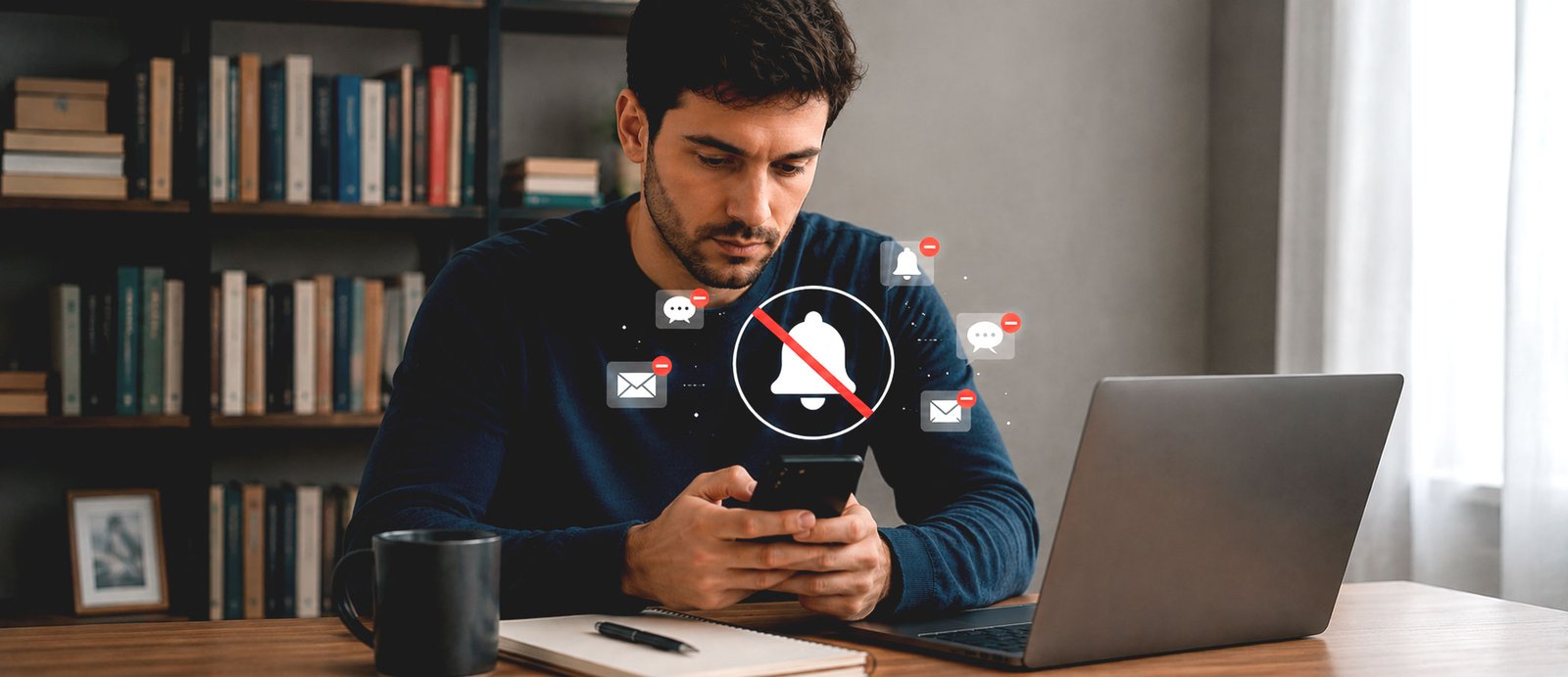 Para mejorar la productividad de tu escritura, silencia las distracciones y activa tu flujo creativo. Autor trabajando en un entorno profesional, aplicando técnicas de productividad para eliminar interrupciones digitales y asegurar un estado de enfoque profundo.