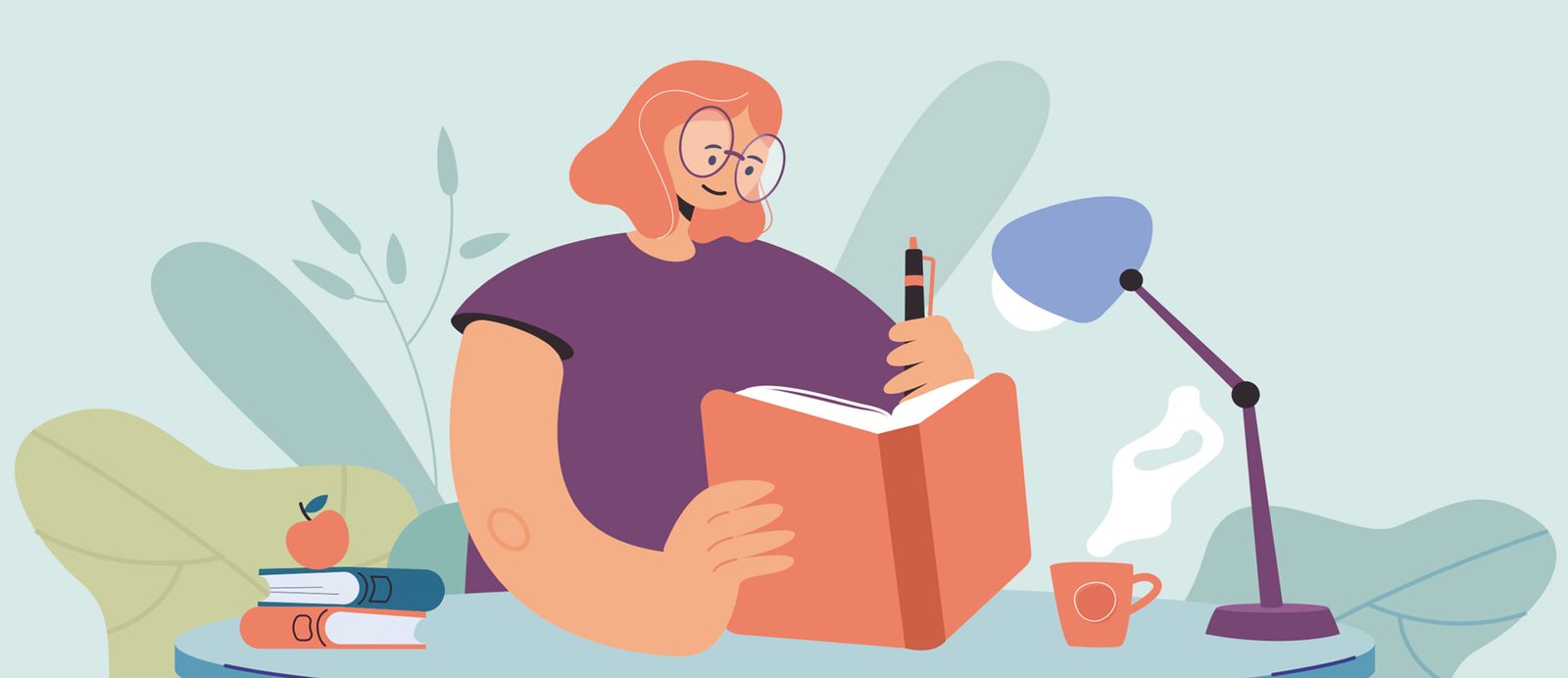 Ilustración de una escritora en su escritorio con un libro y un bolígrafo, simbolizando la sección de la propuesta editorial dedicada al perfil del autor.