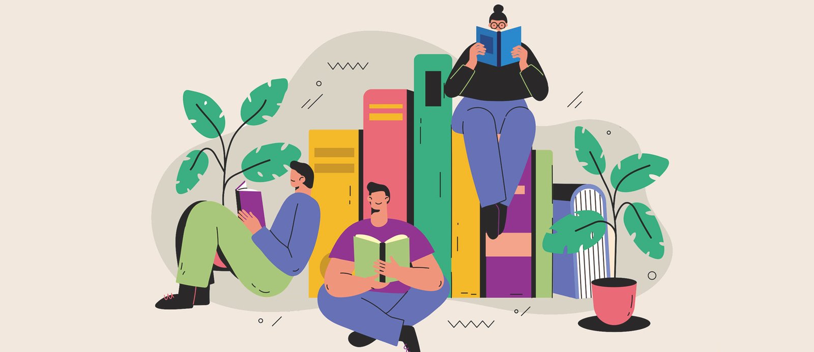 Ilustración de varias personas leyendo junto a libros gigantes, representando el análisis del público lector y el valor comercial de una obra en la propuesta editorial.