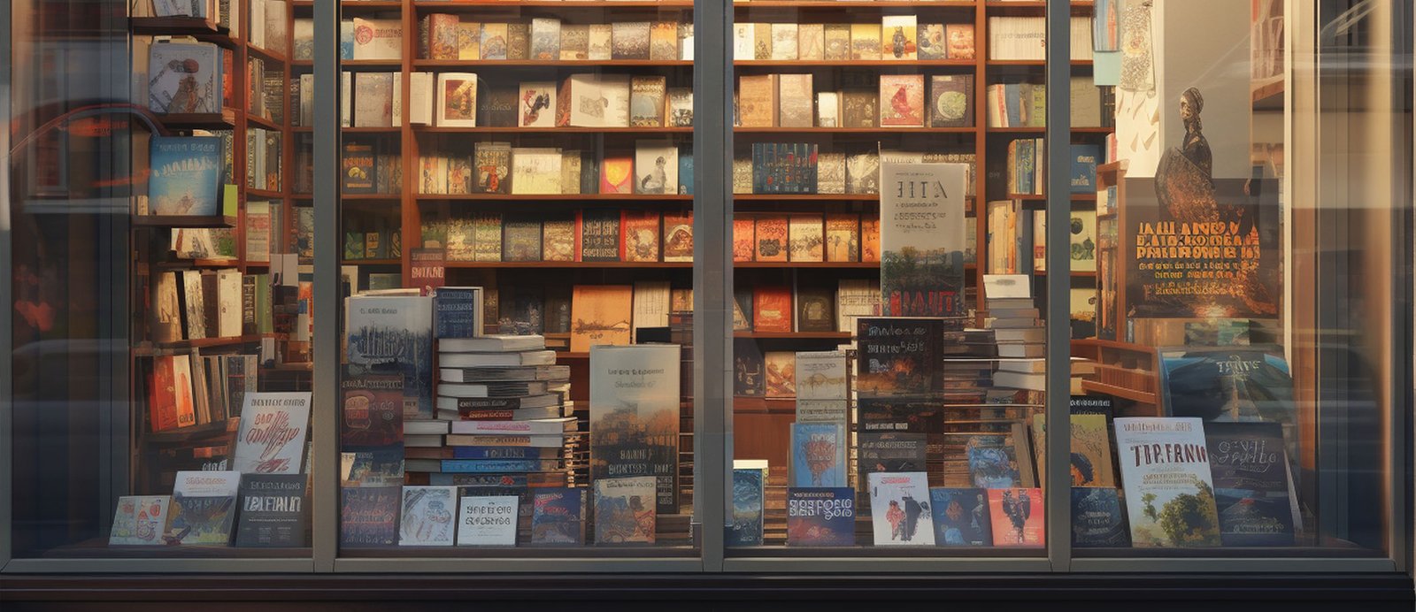 Imagen de una librería con estanterías de libros y una mesa de novedades literarias.