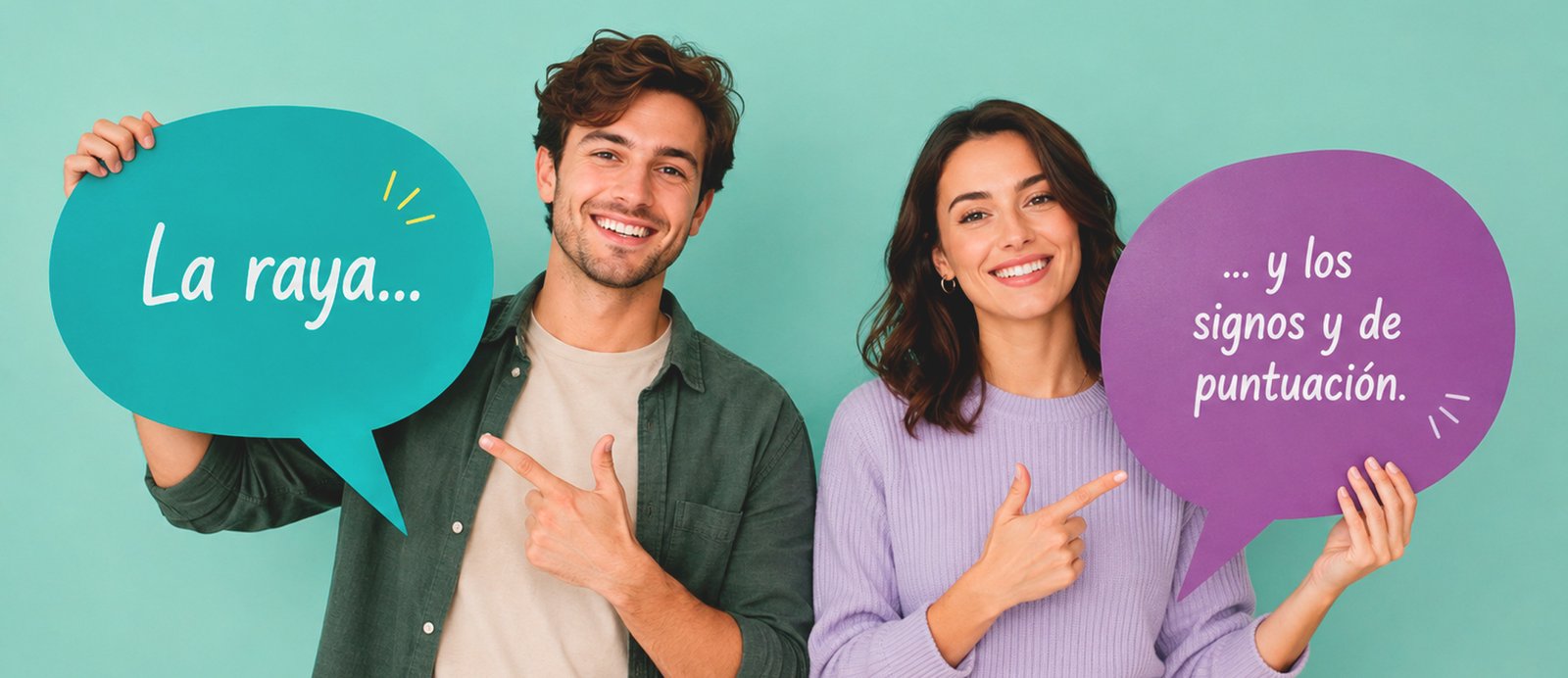 Aprende a puntuar tus diálogos con rigor profesional y calidad editorial. Un hombre y una mujer sonrientes sostienen bocadillos de diálogo de colores con los textos