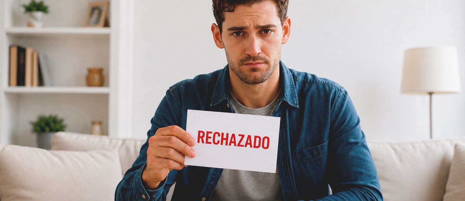 Escritor joven con expresión de decepción sosteniendo un cartel que dice RECHAZADO en letras rojas, representando el rechazo editorial de un manuscrito literario.