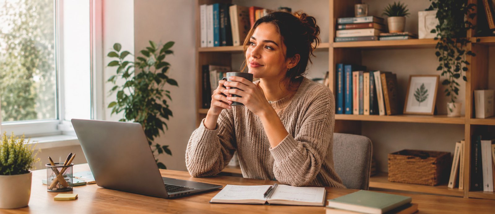 El ritual de inicio te predispone a escribir y a entrar en el estado creativo. Escritora sonriente en su despacho frente al ordenador, sosteniendo una taza de café como parte de su ritual de anclaje para entrar en estado de flujo creativo.