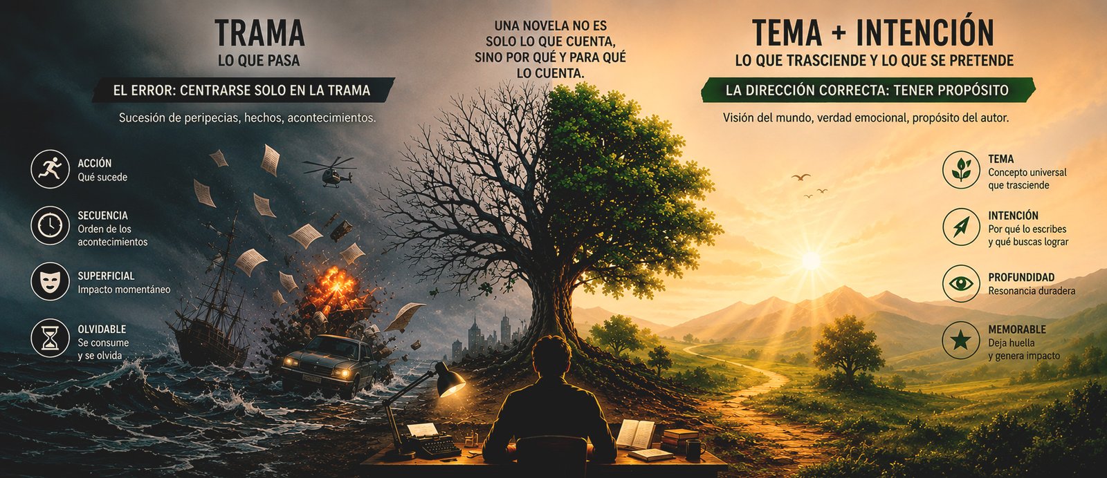 La arquitectura invisible: ¿Por qué el tema y la intención son la médula espinal de tu novela? Infografía comparativa de narrativa que divide la