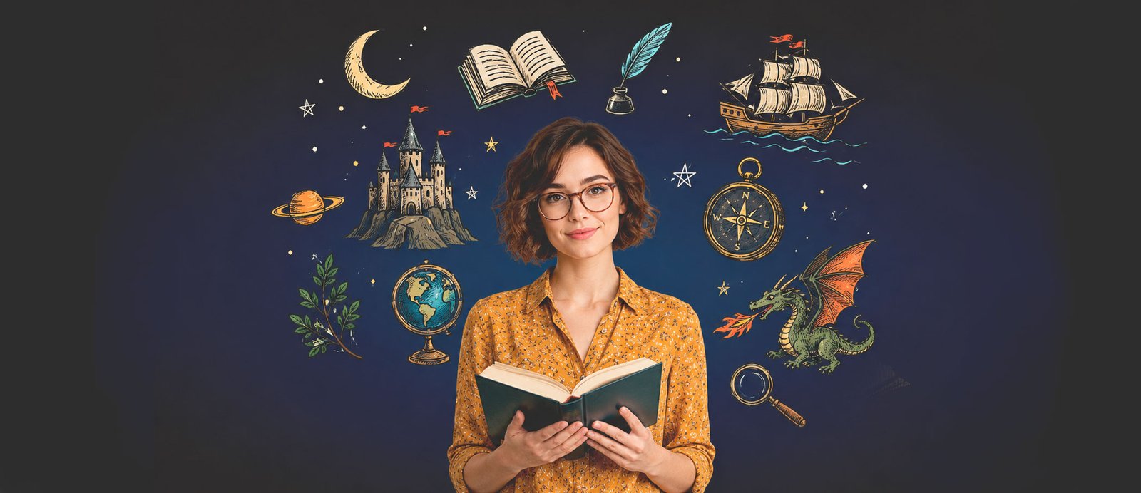 Mujer joven sonriendo mientras sostiene un libro abierto del que emanan ilustraciones coloridas de viajes y aventuras (globo, barco, delfín), simbolizando la riqueza visual de una historia bien narrada.