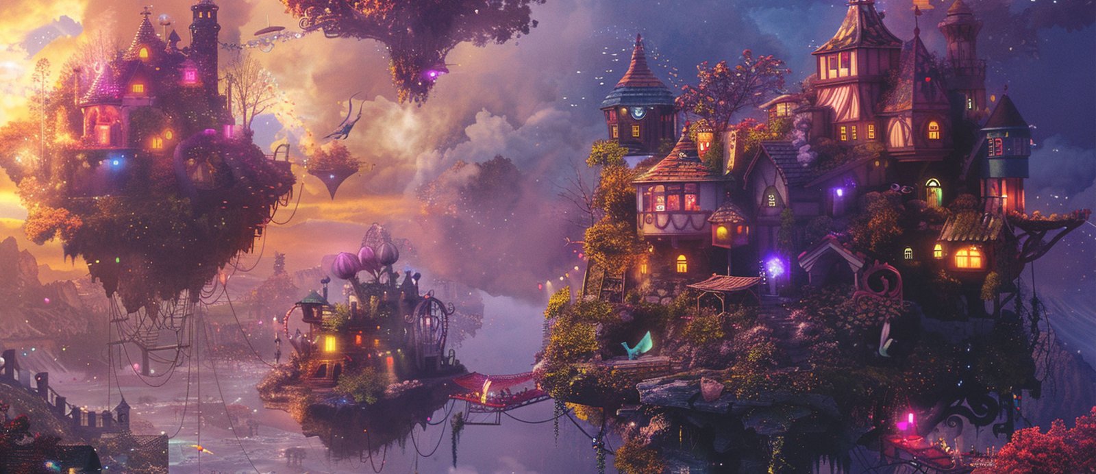 Practica el arte de la exposición sutil pata que el lector descubra tu mundo de forma natural. Ilustración de un mundo de fantasía con islas flotantes que albergan castillos intrincados y puentes colgantes bajo un cielo crepuscular mágico, representando la complejidad a la hora de exponer el worldbuilding y el riesgo de caer en el infodump.